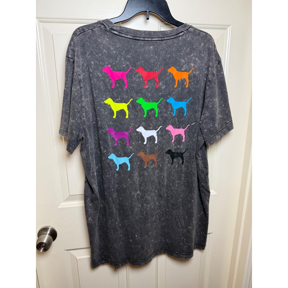 Victoria's Secret PINK Mineral Wash T-Shirt XXL Grey Rainbow Dog Graphic NWT
